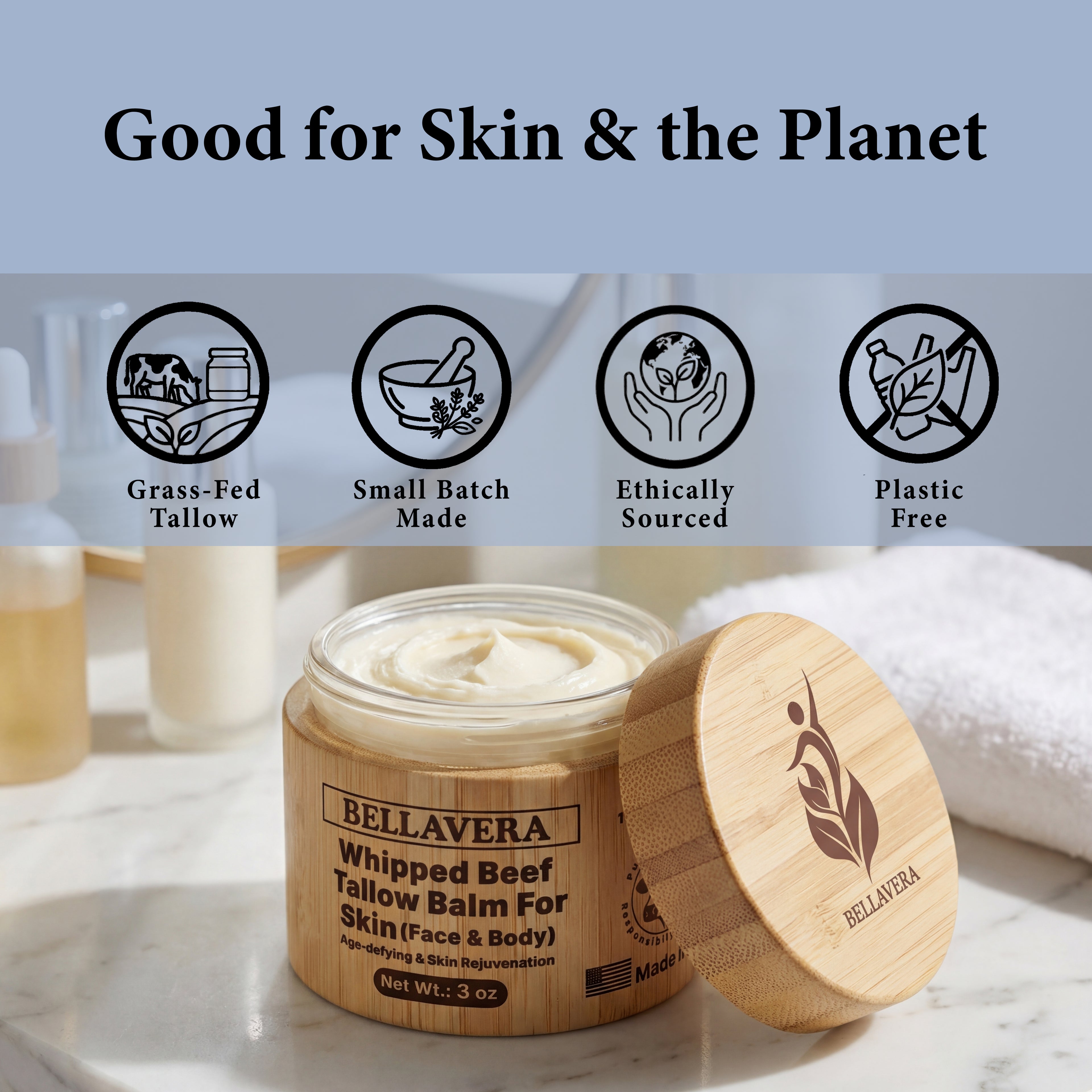 Whipped Tallow and Honey Balm for Face & Body – Grass Fed Beef Tallow for Skin Moisturizer – Anti Wrinkle & Anti Aging Cream – Cebo de Res Para la Cara Original – Made in USA -With Frankincense -3 oz