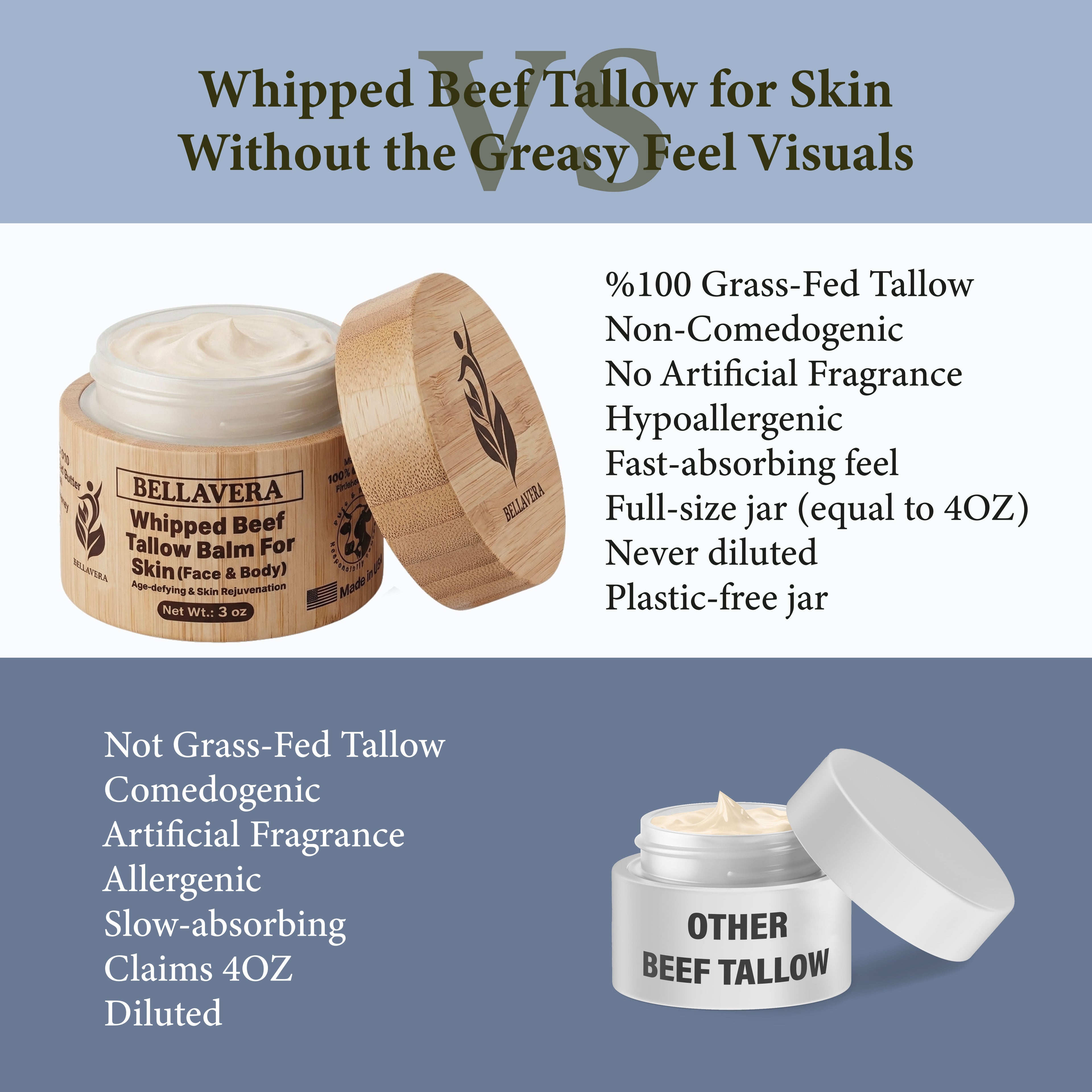 Whipped Tallow and Honey Balm for Face & Body – Grass Fed Beef Tallow for Skin Moisturizer – Anti Wrinkle & Anti Aging Cream – Cebo de Res Para la Cara Original – Made in USA -With Frankincense -3 oz
